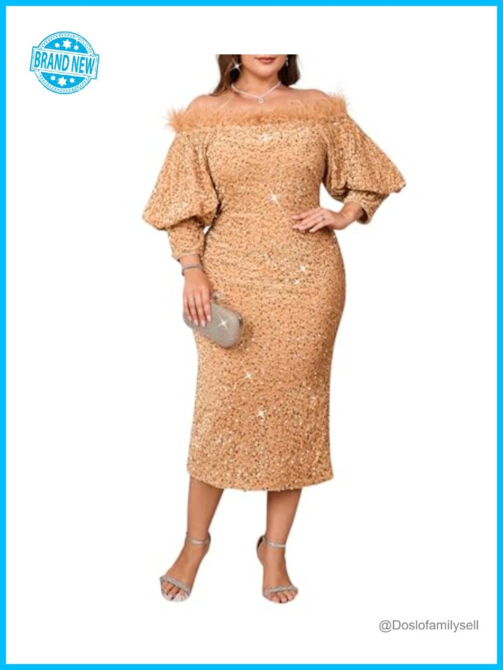 Sequin Off Shoulder Puff Sleeve Bodycon Midi Dress Formal Party Cocktail
